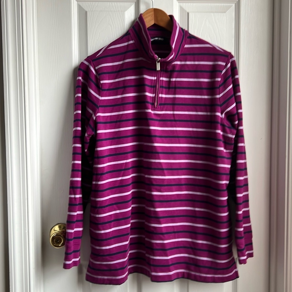 Lands End long sleeve mock neck quarter zip striped shirt size L/P 14-16